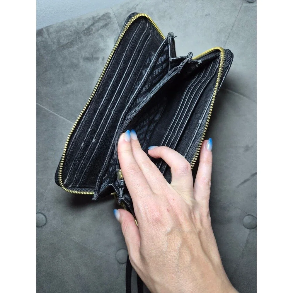 Steve Madden Black Wristlet Zip-Around Wallet with White Logo